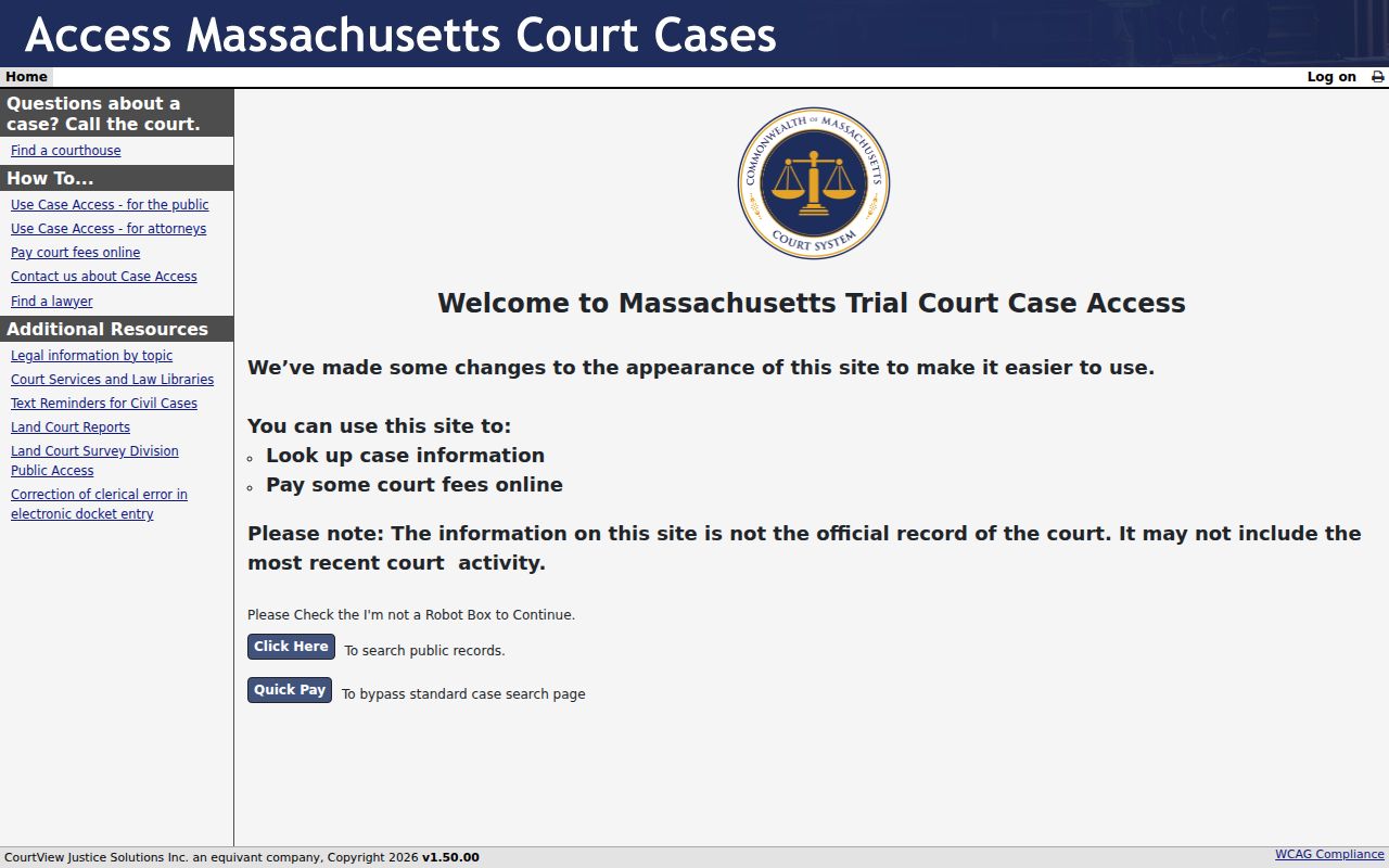 New Bedford resident lookup MassCourts public records search entry page