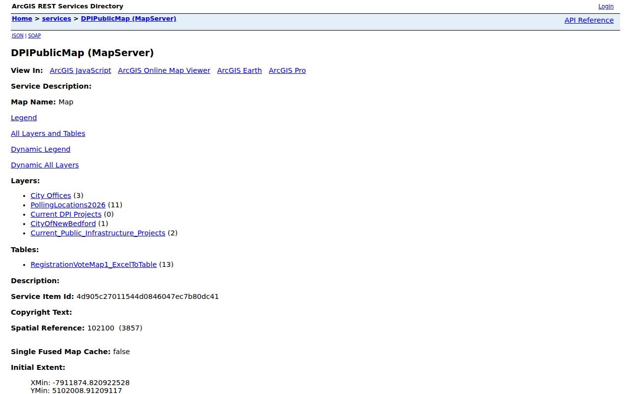 New Bedford street directory GIS REST service with map layers and query tools